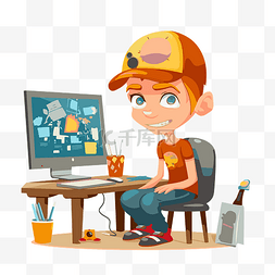 免费剪贴画卡通男孩在电脑上工作