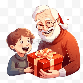 年迈的祖父和他的小孙子赠送并打开一份圣诞礼物