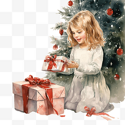 打开的盒子盒子图片_快乐的小女孩在圣诞树附近打开圣