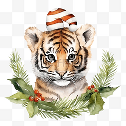 小老虎图片_水彩画圣诞节套装，配有老虎和节