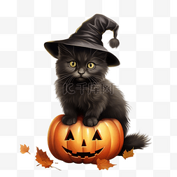 手绘卡通复古涂鸦图片_戴着女巫帽的可爱黑猫坐在万圣节