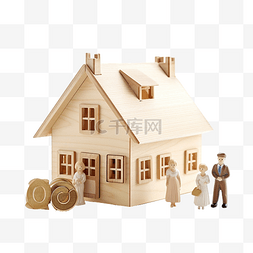 3d 木制娃娃人物与房子家庭存钱罐