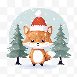 森林里的狐狸图片_圣诞贺卡上有一只可爱的狐狸，戴