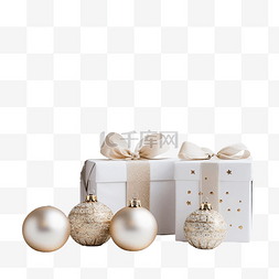 圣诞球盒，上面有礼物和白色木质