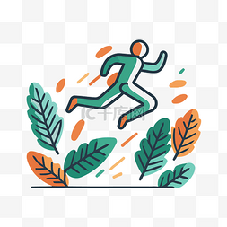 一个人在绿叶旁边奔跑的白线插图