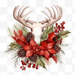 圣诞组合物鹿角红色一品红和叶子