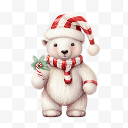 可爱的北极熊，戴着帽子和毛衣棒