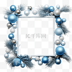 白色表面有蓝色圣诞装饰品和杉树