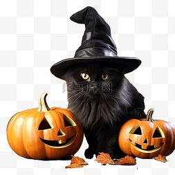 帽子和宠物图片_戴着黑色女巫帽子和南瓜的猫