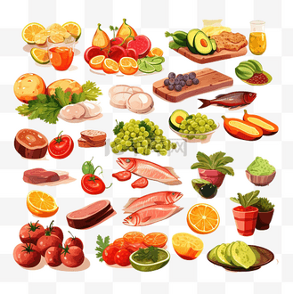 厨房背景图图片素材_食物插画不同种类的食物平插图无背景