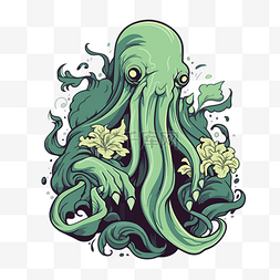 绿色的章鱼图片_克苏鲁剪贴画打印绿色章鱼与植物