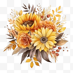 向日葵花朵水彩图片_秋天水彩构图秋天的花朵花束感恩