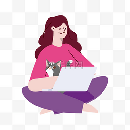 坐着办公的女人图片_女性抱着猫的办公