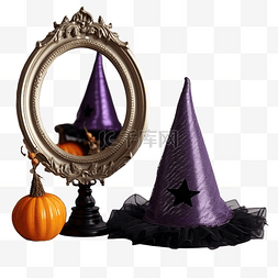 紫色女巫帽挂在旧的尘土飞扬的镜