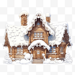 童话般的装饰木屋覆盖着白雪