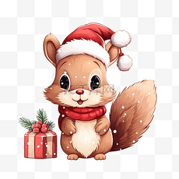 可爱的动物标签图片_圣诞快乐可爱的松鼠与雪花绘图标