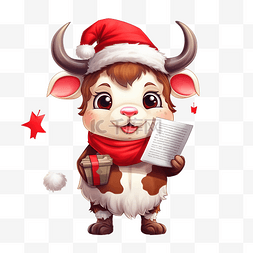 吉祥物牛的图片_可爱的牛穿着圣诞服装拿着扩音器