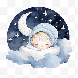 夜晚儿童睡觉图片_月亮睡觉的儿童水彩卡通