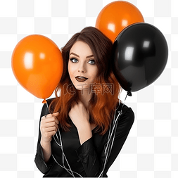 年轻的女巫拿着黑色和橙色的气球