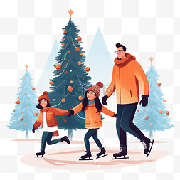 家庭在滑雪胜地酒店装饰圣诞树的