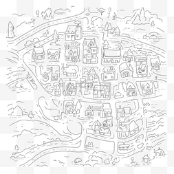城市地图背景图片_一个村庄的卡通和卡通城市着色页