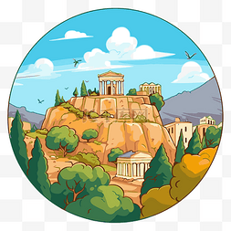 山上有废墟的希腊神庙 向量