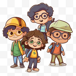 四个卡通儿童背着背包，背着手提