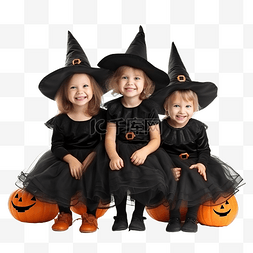 三个小孩子图片_三个穿着女巫服装的小女孩正在庆