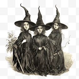 三个复古女巫聚集在一起度过万圣