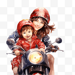 拉手走路图片_圣诞节和妈妈一起坐在摩托车上的