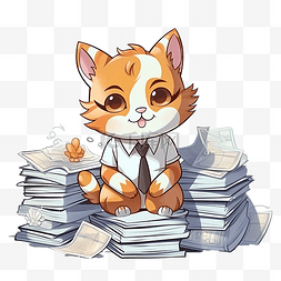 可爱字透明素材图片_可爱的猫雇主的数字插图与一堆纸