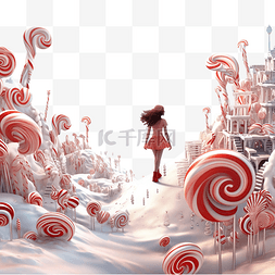 圣诞糖果拐杖图片_幻想风景插画，梦想女孩拿着圣诞