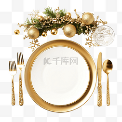 家居用品图片_圣诞餐桌布置，配有金色餐具和装