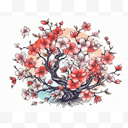 红色的樱花图片_红色的樱花树被绘制在白色背景上
