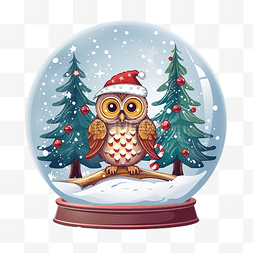卡通圣诞树矢量图图片_圣诞快乐玻璃球，有猫头鹰和雪中