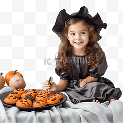 有趣的卧室图片_穿着女巫服装的漂亮小女孩吃饼干