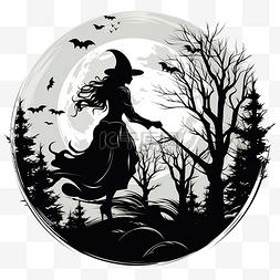 万圣节女巫骑着扫帚穿过墓地上方
