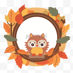 秋叶圆框内的可爱猫头鹰 向量