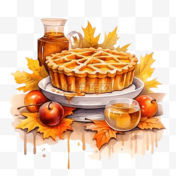 橙色秋叶图片_感恩节主题水彩插画蜂蜜和馅饼秋