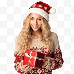 拿着礼盒图片_一个戴着圣诞毛衣圣诞老人帽子的