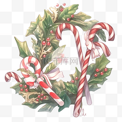 拐杖糖手绘图片_圣诞冬青边框与拐杖糖和礼物水彩