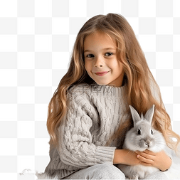 母兔子图片_圣诞树附近穿着毛衣的长发小女孩
