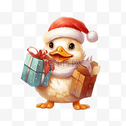 可爱的鸭子在捆绑袋中携带圣诞礼