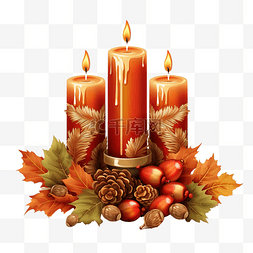 愉快的晚餐图片_庆祝蜡烛橡子和树叶的感恩节快乐