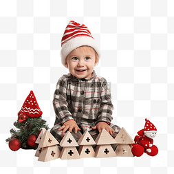 有孩子的家图片_戴着圣诞帽的小孩，木头上有圣诞