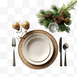 晚会桌图片_圣诞餐桌布置，配有银器和深色天