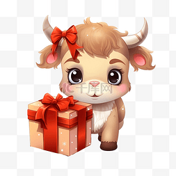 牛吉祥物图片_可爱的公牛携带圣诞礼品盒