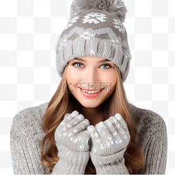 时髦的女人图片_戴着针织保暖帽子和手套的圣诞女