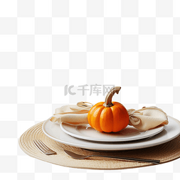 橙叶感恩节图片_餐桌布置，配有橙叶和南瓜