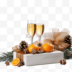 玻璃酒瓶图片_木桌上的圣诞组合物，配有礼品盒
